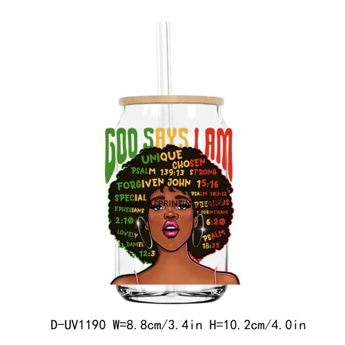 A clear tumbler featuring a bold afro girl design with the text God Says I Am