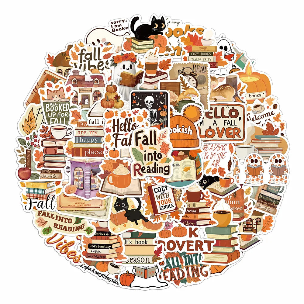 A collection of colorful graffiti stickers featuring cute ghost and book designs for an autumn theme.