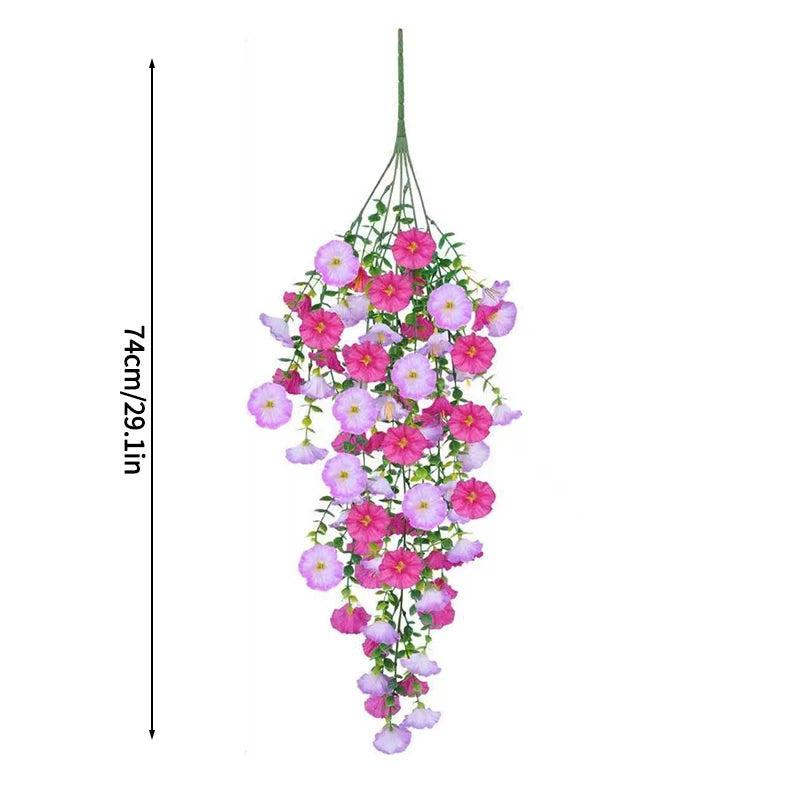 A hanging silk morning glory vine with pink and purple flowers used for home decor.
