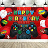Banner de fondo de cumpleaños rojo y negro vibrante con temas de videojuegos como íconos de controladores y globos.