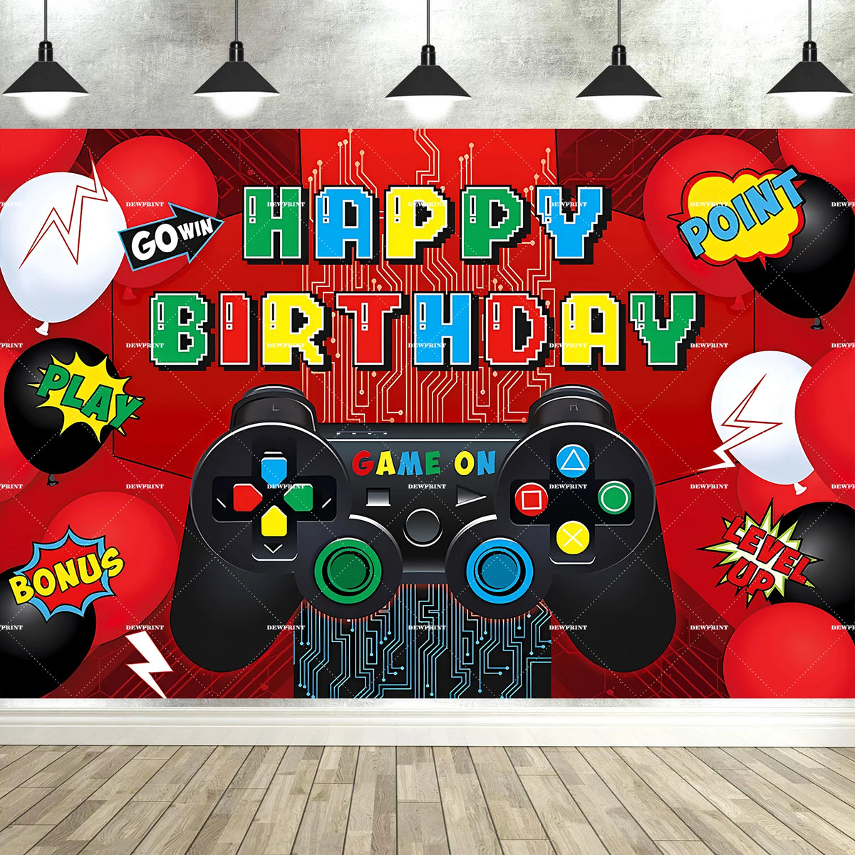 Banner de fondo de cumpleaños rojo y negro vibrante con temas de videojuegos como íconos de controladores y globos.