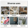 Demonstration of heavy-duty transparent packing tape used for various purposes including paper stock, warehouse sealing, expr