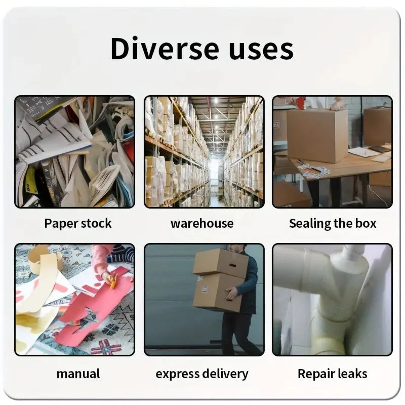 Demonstration of heavy-duty transparent packing tape used for various purposes including paper stock, warehouse sealing, expr