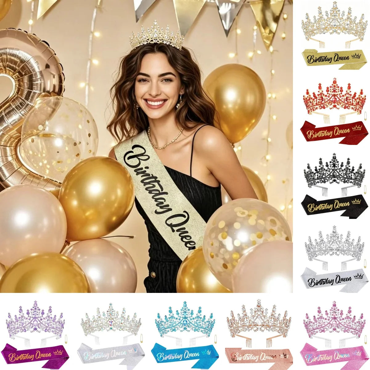 A set of rhinestone birthday queen sashes and tiaras in gold, silver, and pink colors displayed against a soft background.