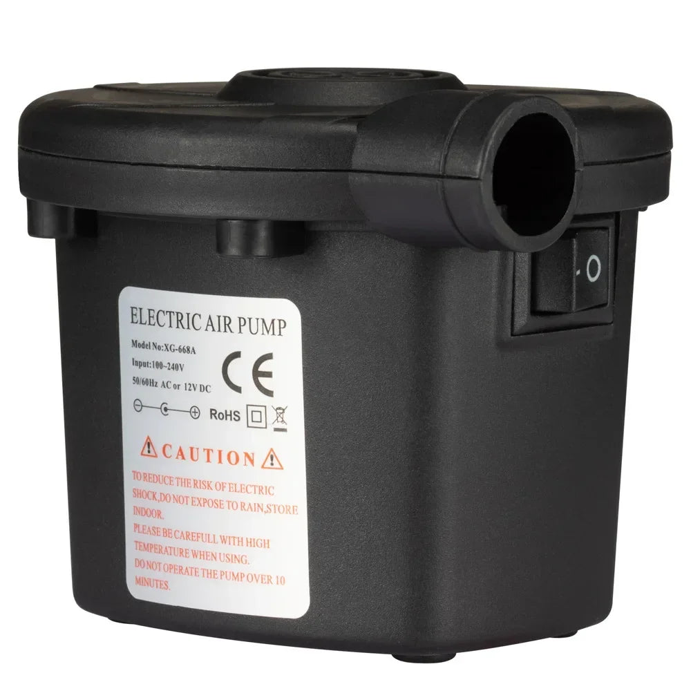 Schwarze portable elektrische Luftpumpe mit CE-Zertifizierungslabel.