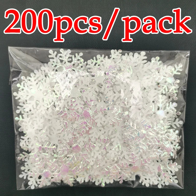 A package of 200 pieces of white frosted snowflake confetti for holiday decorations.
