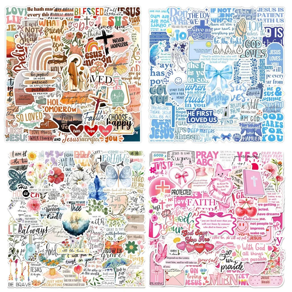 A collection of Jesus phrase graffiti stickers for waterproof motivational decor featuring various inspirational words and de