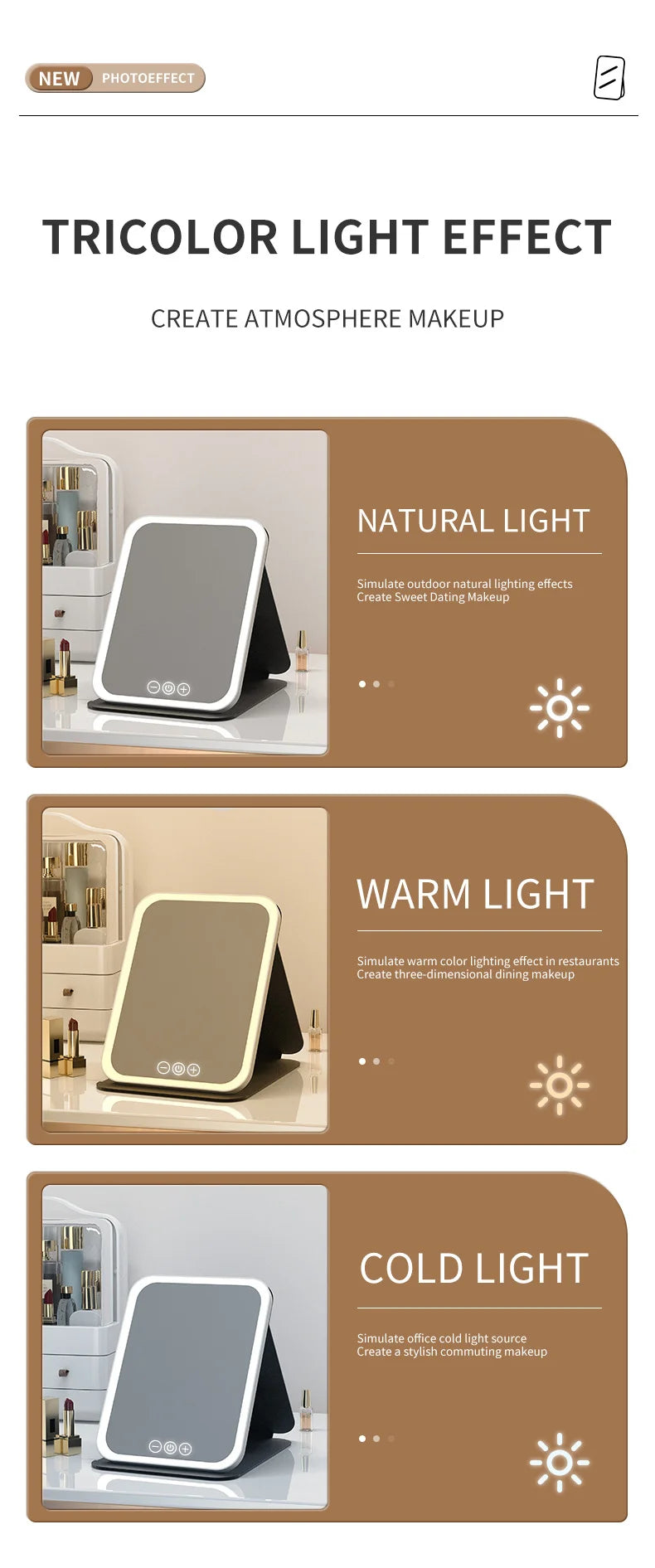 Trois effets de lumière montrant une lumière naturelle, chaude et froide sur un miroir maquillage LED à variateur.