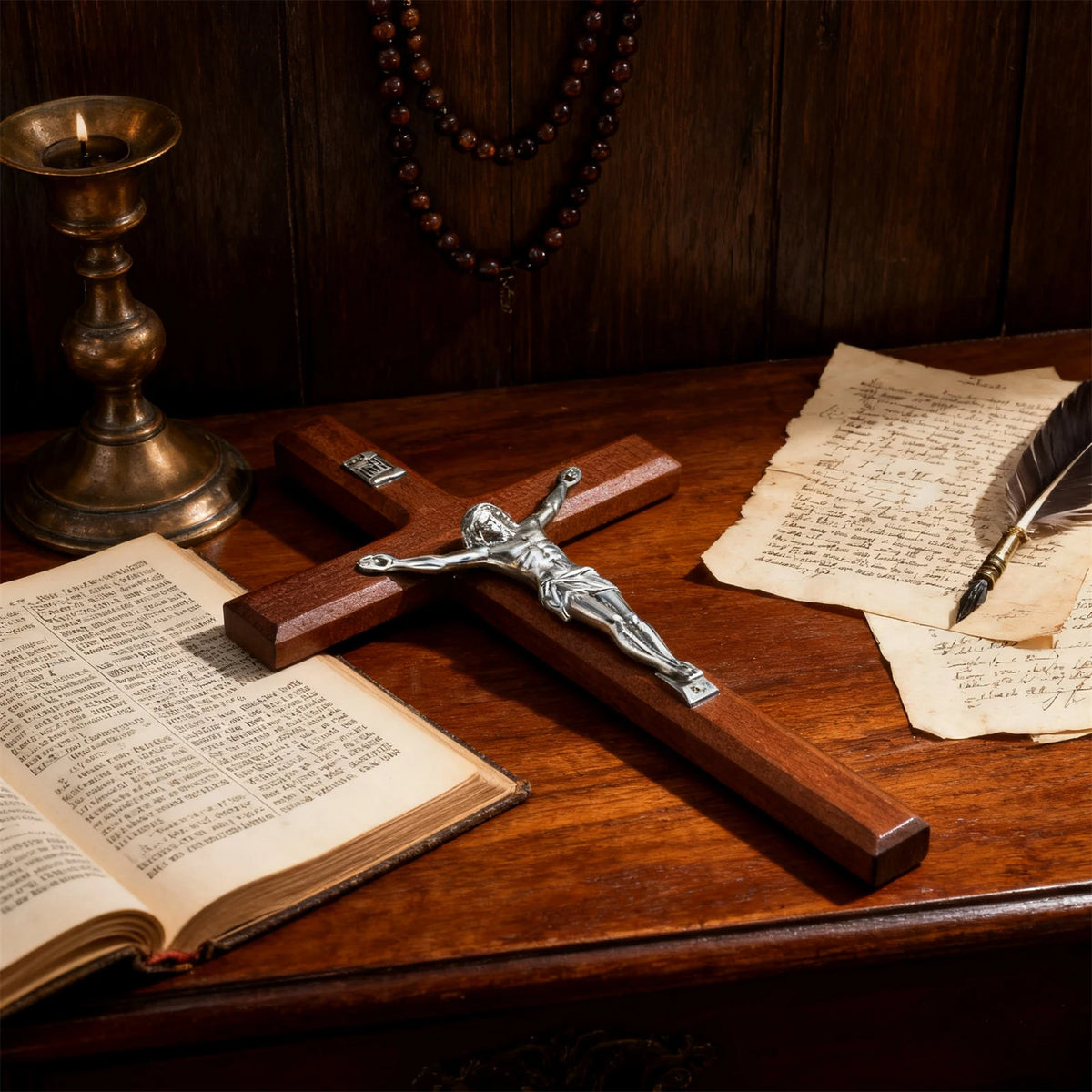 A hand-carved wooden cross rests on a dark wooden surface next to an open book and a brass candlestick.