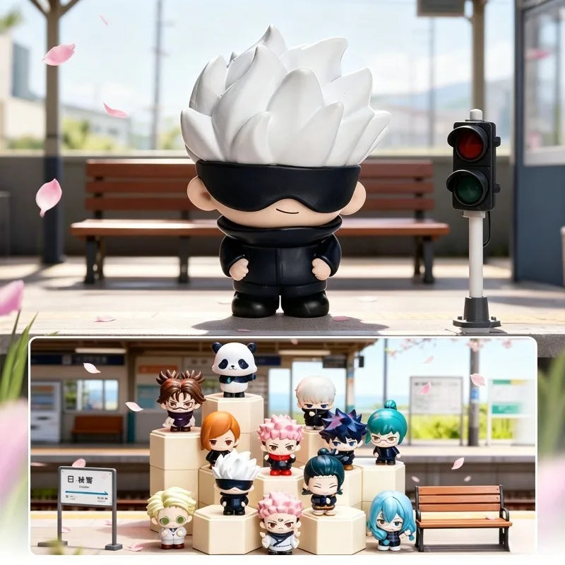 A collection of Jujutsu Kaisen blind box figures, including a large white figure with black hair and various smaller characte