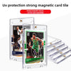 A clear magnetic card tile is shown inside a protective holder, demonstrating strong magnetic closure.
