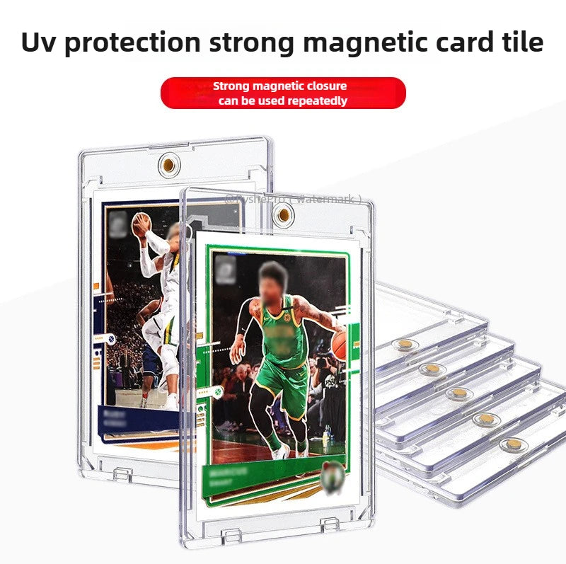 A clear magnetic card tile is shown inside a protective holder, demonstrating strong magnetic closure.