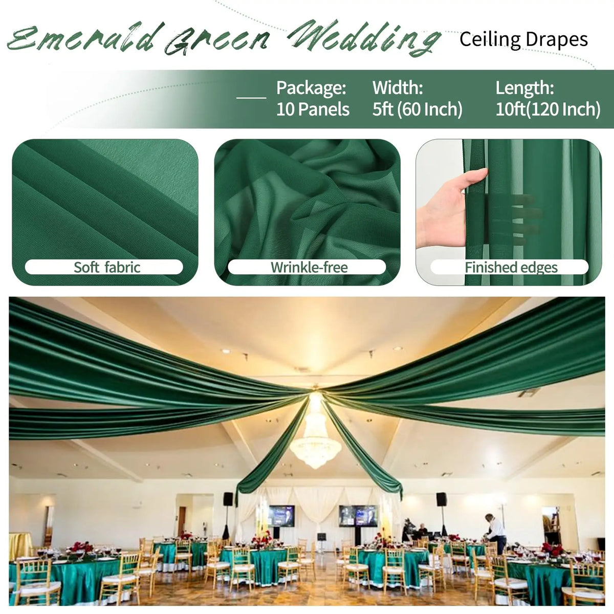 Emerald green ceiling drapes featuring soft, wrinkle-free fabric used for wedding events.