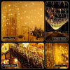 Various images showing solar LED icicle string lights used for indoor and outdoor decoration.