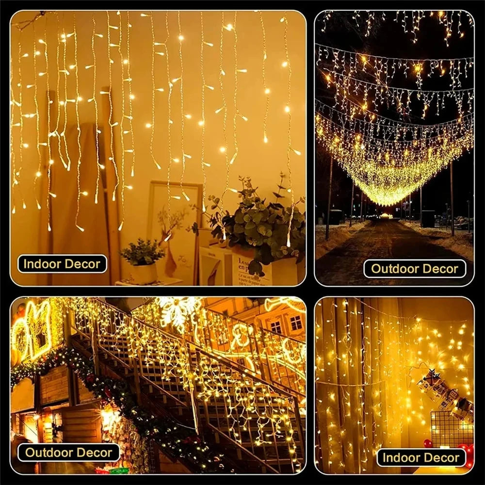 Various images showing solar LED icicle string lights used for indoor and outdoor decoration.