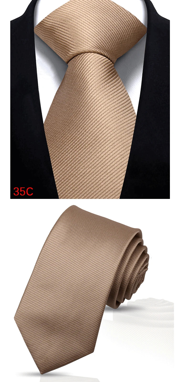 A close-up of a beige silk necktie tied in a four-in-hand knot against a black shirt collar.