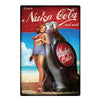 Vintage metal wall sign featuring a woman and a large glass bottle of Nuka Cola drink.