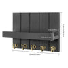 Black wooden wall-mounted mail and key organizer with five brass hooks.