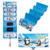 A stack of blue slots for holding cash gifts featuring festive winter and Santa themes.
