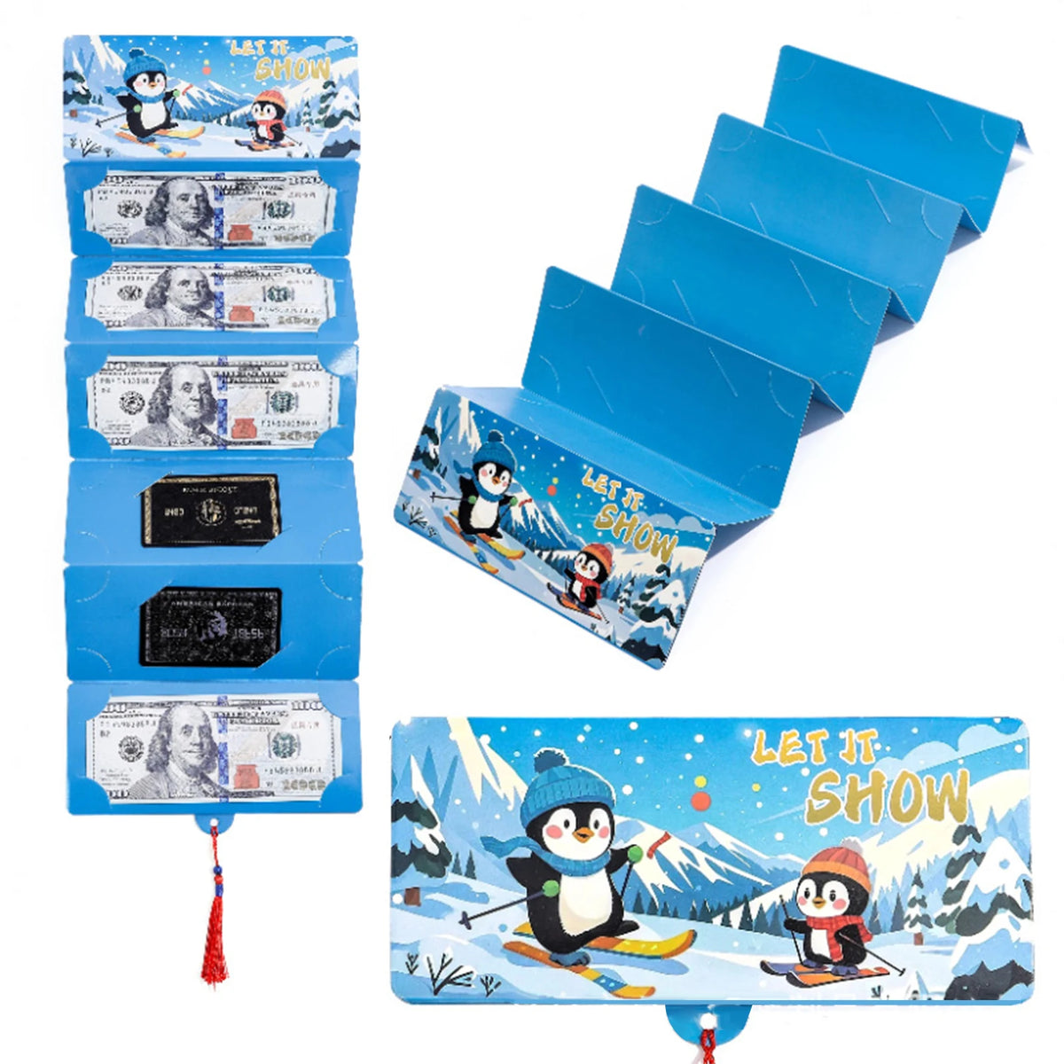 A stack of blue slots for holding cash gifts featuring festive winter and Santa themes.