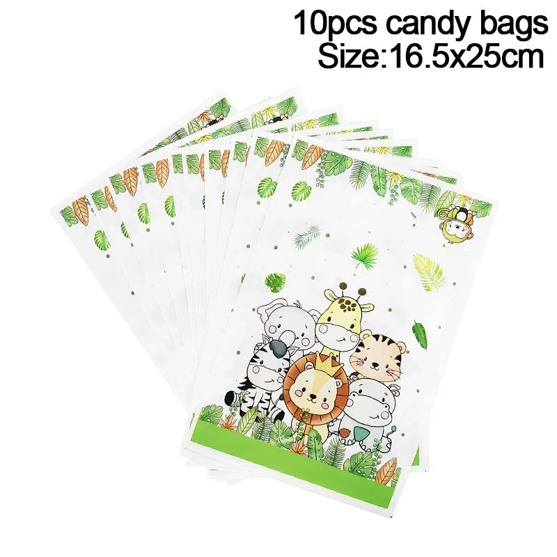 Ten packs of white candy bags featuring jungle safari animal designs for birthday parties