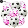 A pack of ten black and white latex soccer ball balloons for party decorations.