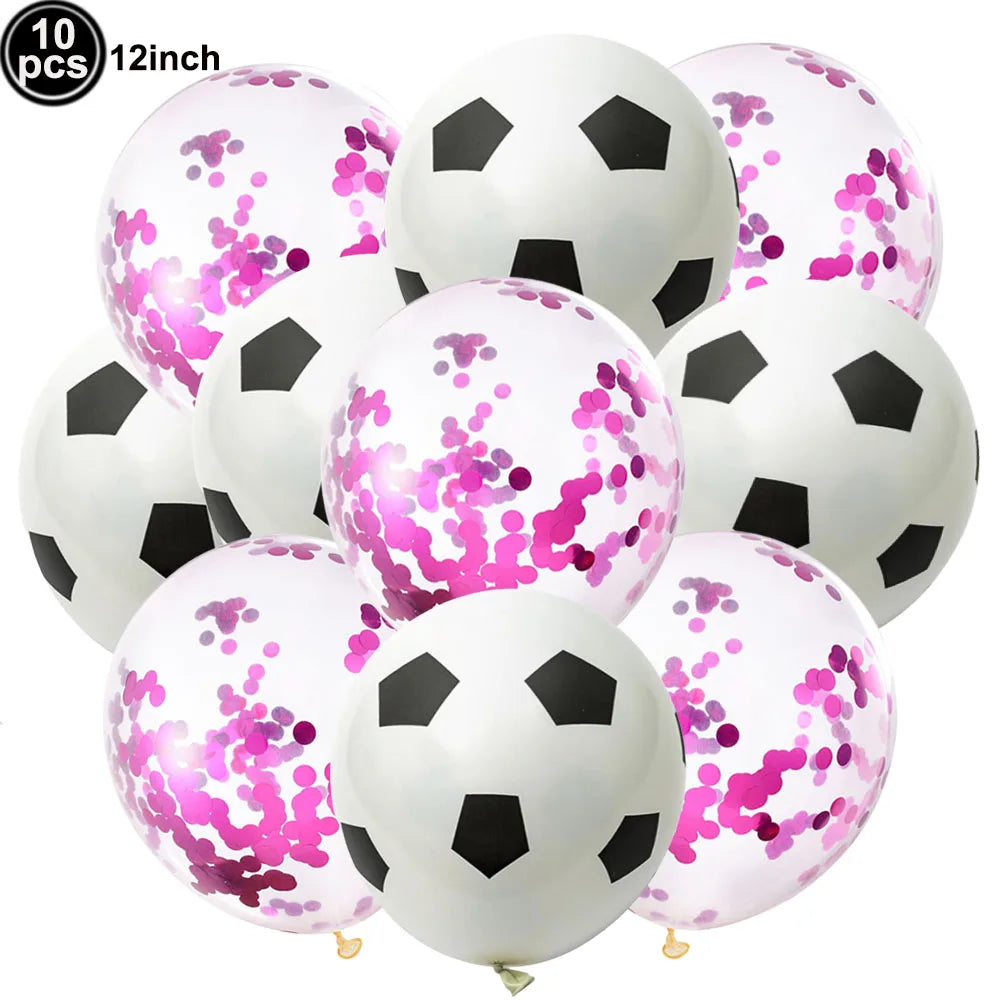 A pack of ten black and white latex soccer ball balloons for party decorations.