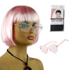 Pink bob wig with heart-shaped clear glasses and a packaging box for a neon light up party costume