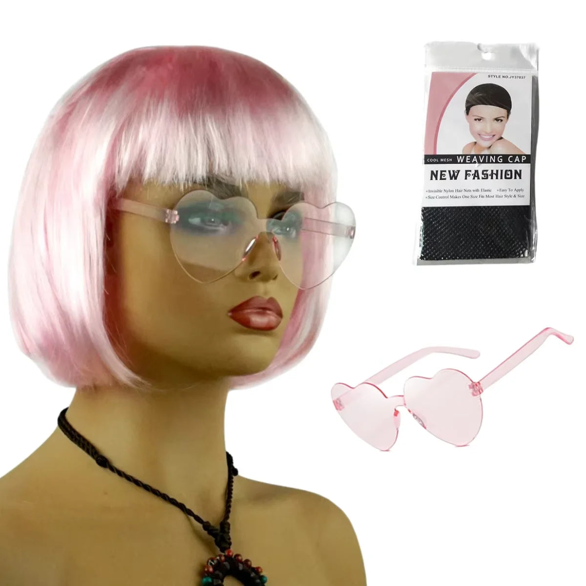Pink bob wig with heart-shaped clear glasses and a packaging box for a neon light up party costume