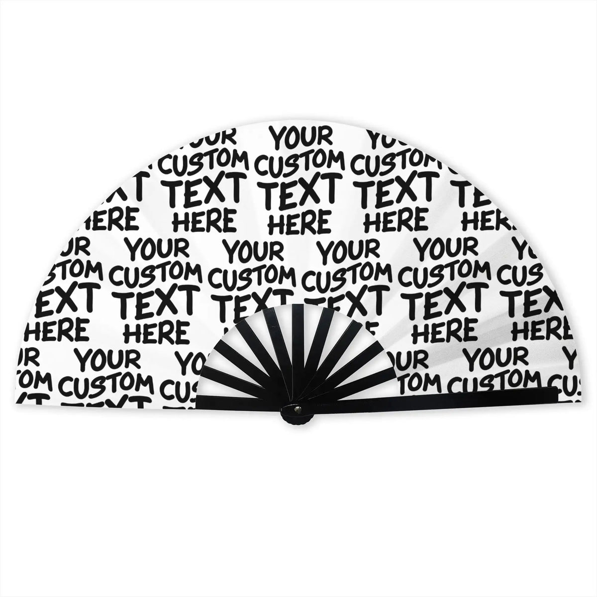 A black folding hand fan with a white background featuring various text patterns.