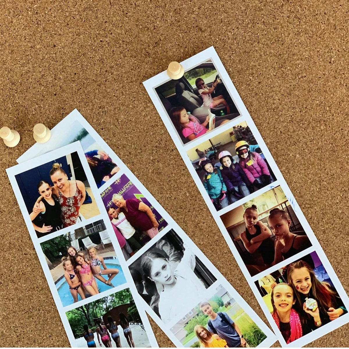 A collection of custom photo booth print strips featuring candid photos of a family and friends.