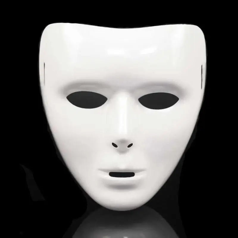 A white performance mask for dance or cosplay, shown in a close-up against a black background.