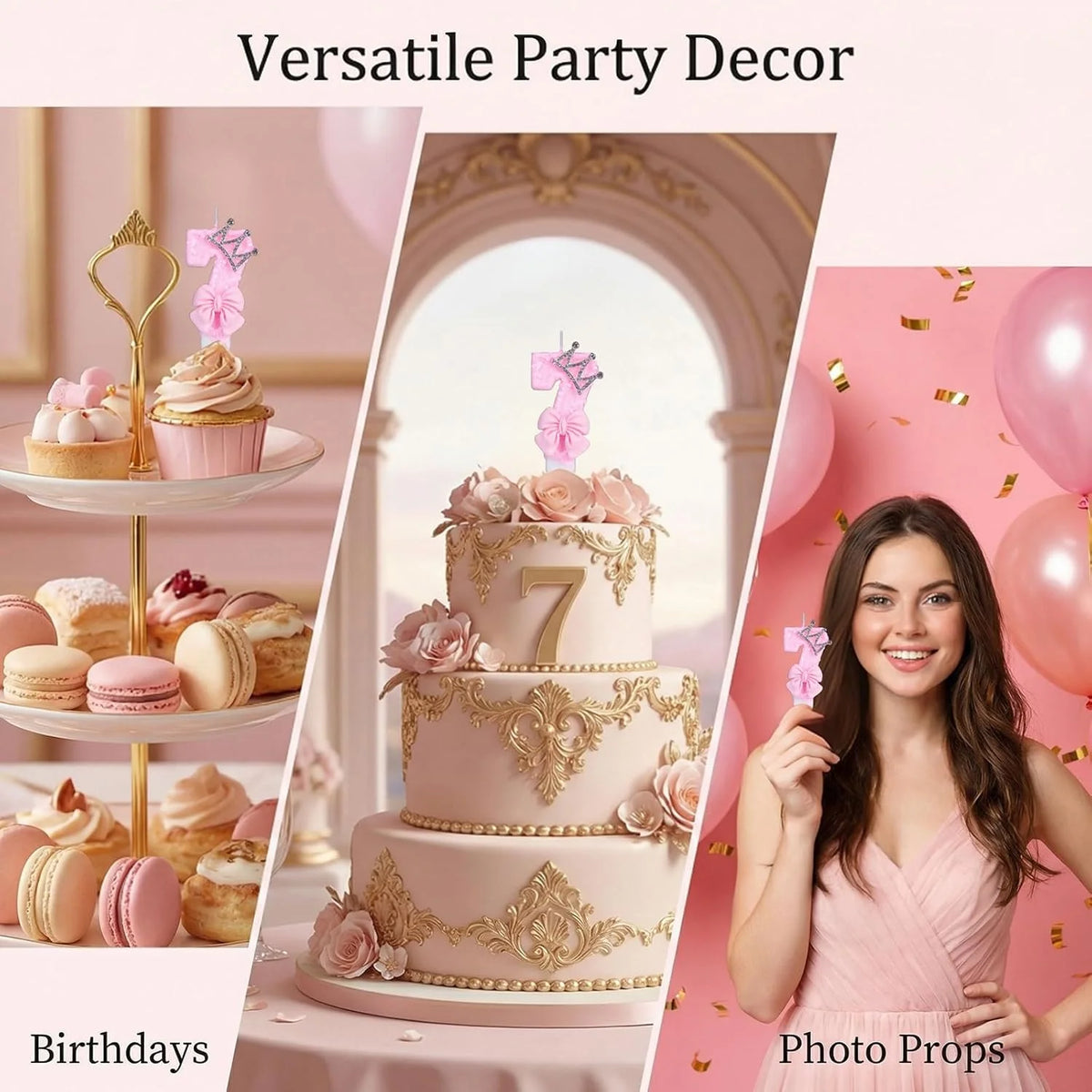 A tiered pink birthday cake decorated with roses and a number seven, set against a soft pink background.