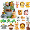 A collection of various jungle and safari animal cake toppers including lions, tigers, elephants, monkeys, and other wildlife