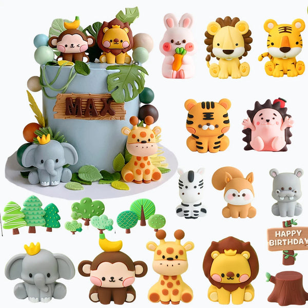 A collection of various jungle and safari animal cake toppers including lions, tigers, elephants, monkeys, and other wildlife