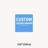 A blue square banner with the text CUSTOM SQUARE BANNER and a small logo area.