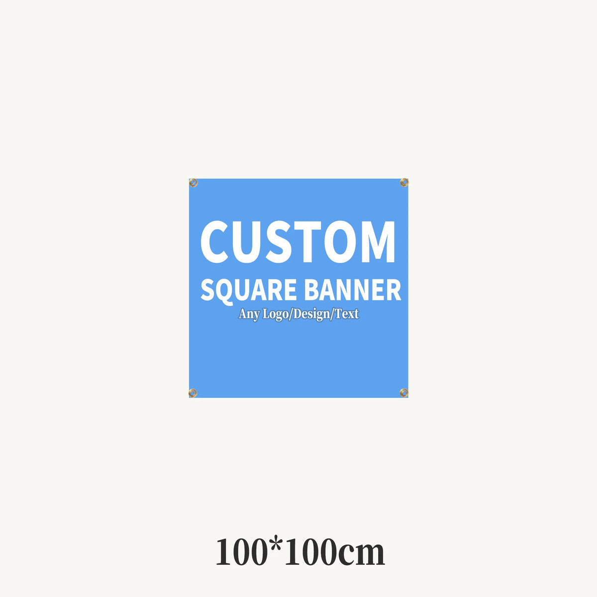 A blue square banner with the text CUSTOM SQUARE BANNER and a small logo area.