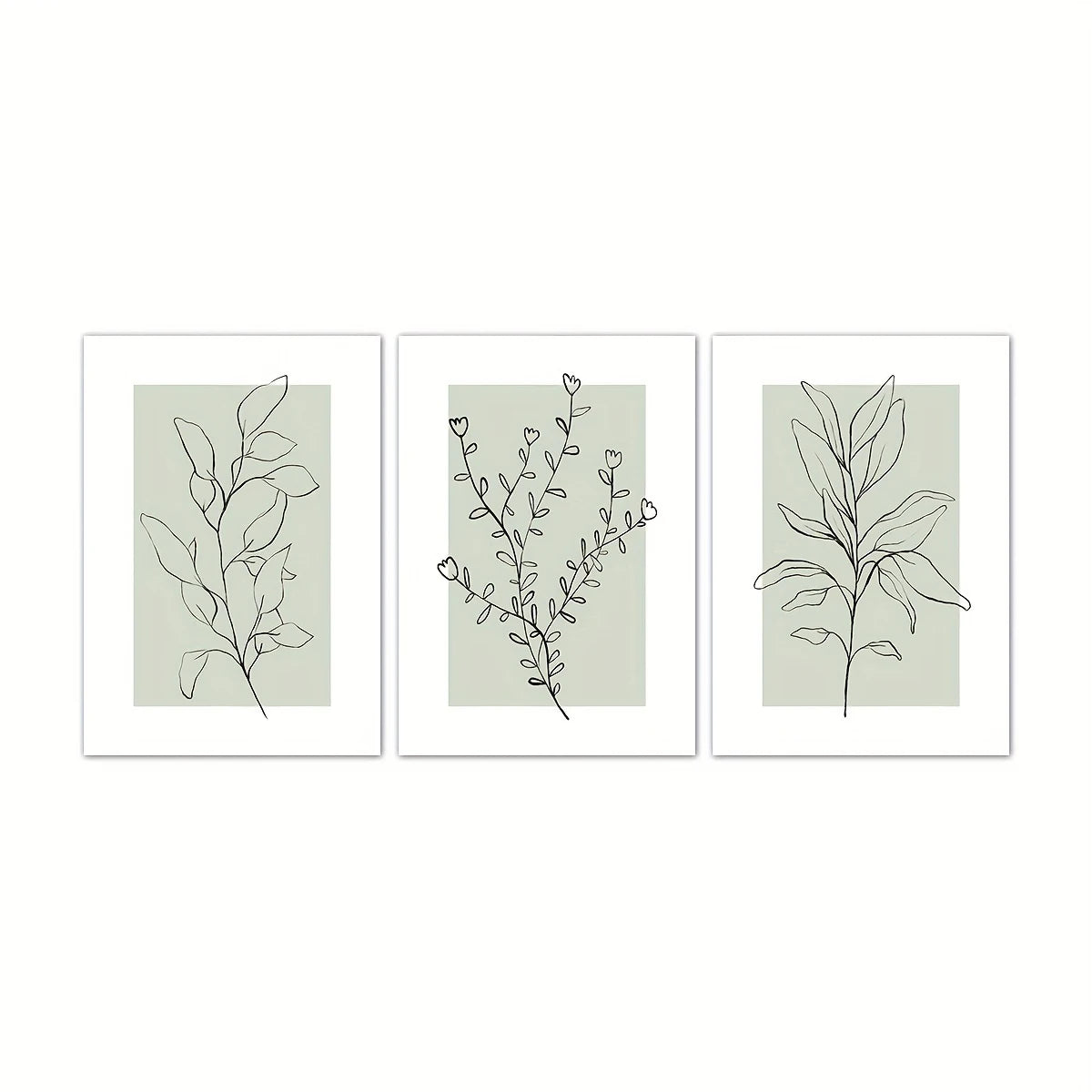 A set of three neutral floral wall art prints featuring botanical line drawings on light green canvases.