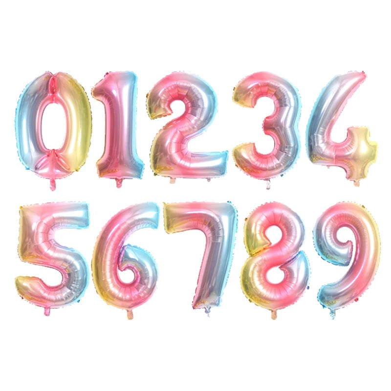 A set of foil balloons shaped like the numbers 0 through 9 in a rose gold and silver gradient color.