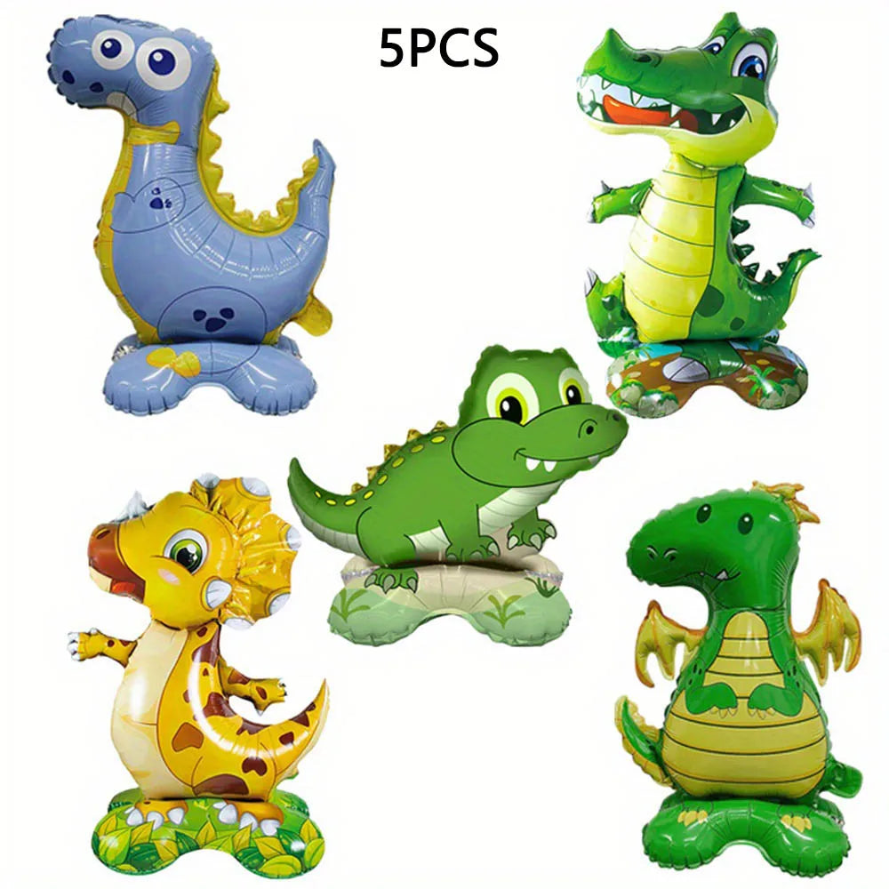 Five decorative foil animal balloons featuring dinosaurs and other jungle creatures in various colors