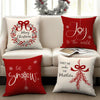 Red Christmas cushion covers featuring a bow, wreath, and snowflake designs for holiday decor