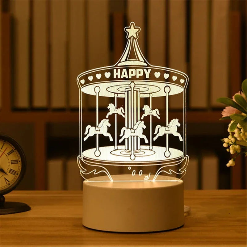 A white acrylic night light featuring a happy star design and silhouettes of horses, illuminated by an LED.