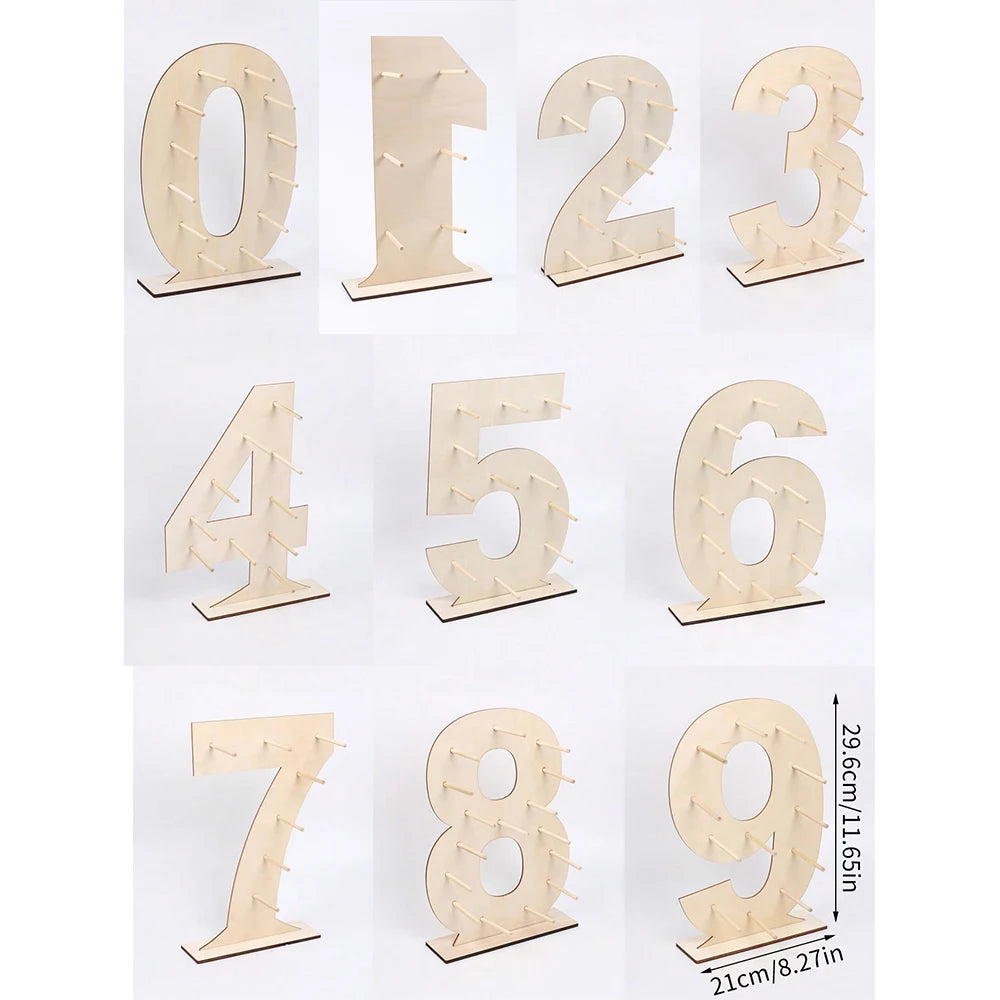 A set of wooden number display stands showing digits zero through nine.
