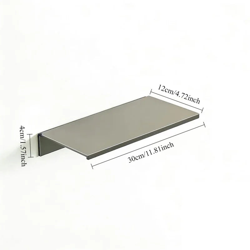 A rectangular aluminum floating wall shelf with dimensions 12cm by 30cm and a thickness of 4cm.