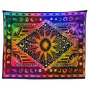 A vibrant bohemian mandala tapestry wall hanging featuring a central sun design surrounded by celestial symbols and colorful 