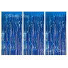 Three vertical strands of metallic blue foil fringe curtains for party backdrop decor