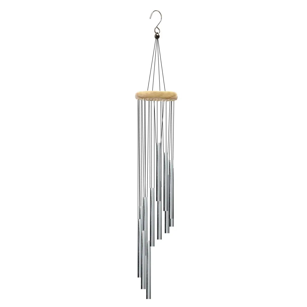 A hanging wind chime made of twelve aluminum tubes with gold and silver bells.