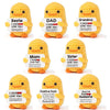 A collection of knitted duck plush toys featuring inspirational cards for family members like Bestie, Dad, Grandma, Mom, Sist