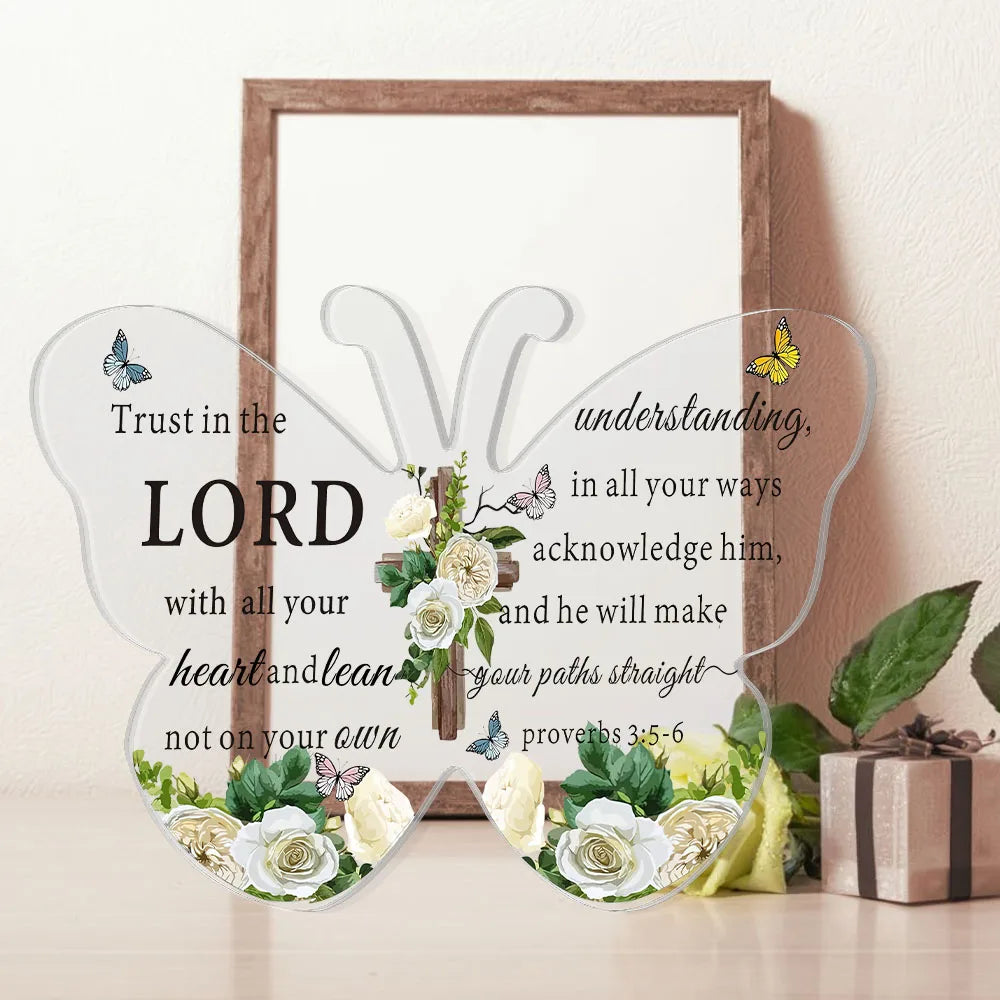 Clear acrylic butterfly shaped sign with a Bible verse and scripture reference