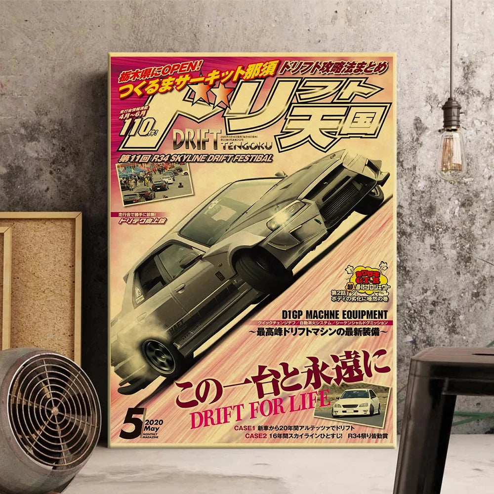 Impression verticale d'une supercar JDM vintage, intitulée Drift for Life, sur un mur gris texturé.